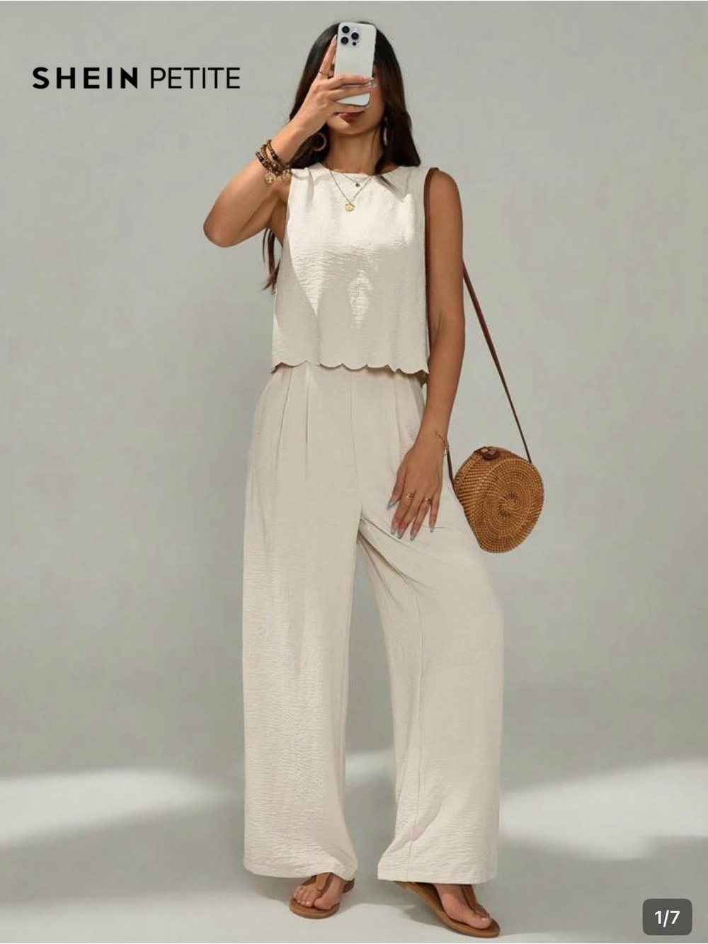 SHEIN Petite Cream 2 Piece Wide-Leg Trousers with Pockets Sleeveless Scallop Top